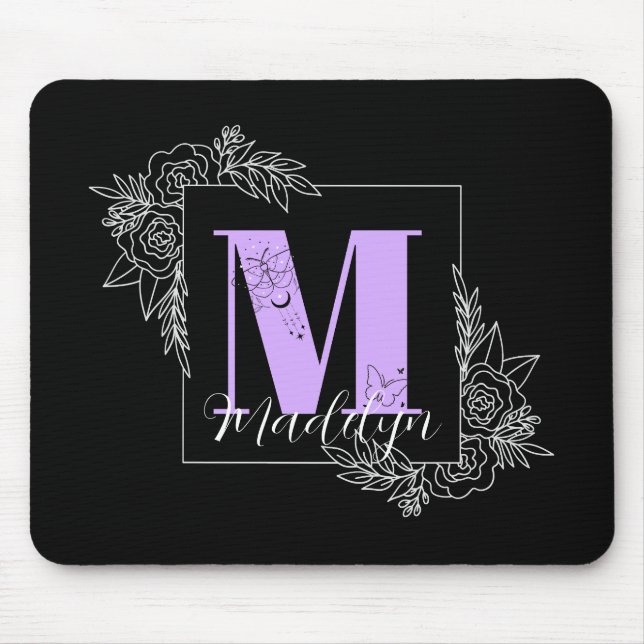 Purple Floral Butterfly Custom Monogram - Letter M Mouse Mat (Front)