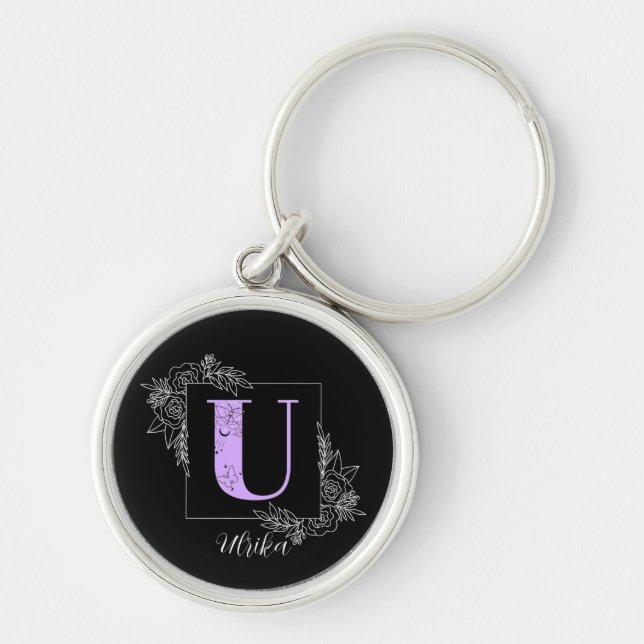 Purple Floral Butterfly Custom Monogram - Letter U Key Ring (Front)