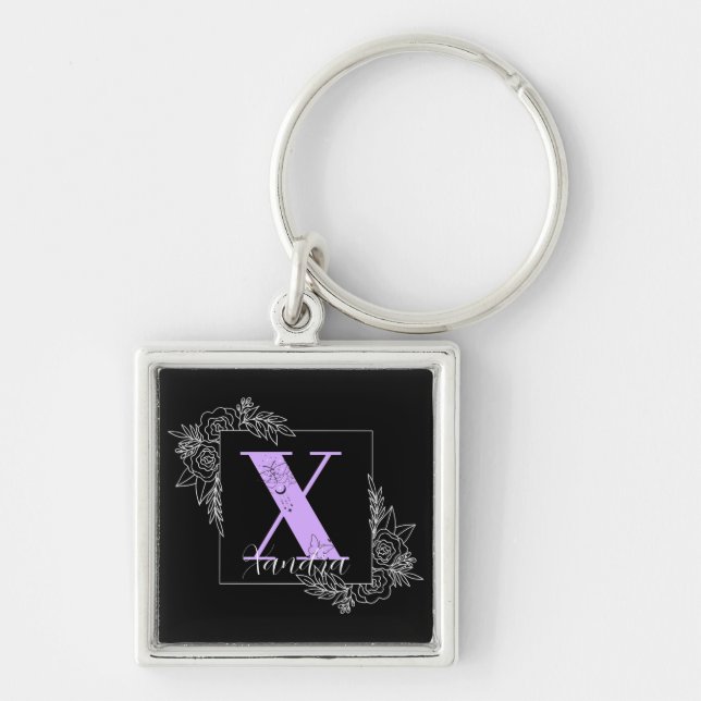 Purple Floral Butterfly Custom Monogram - Xandra Key Ring (Front)