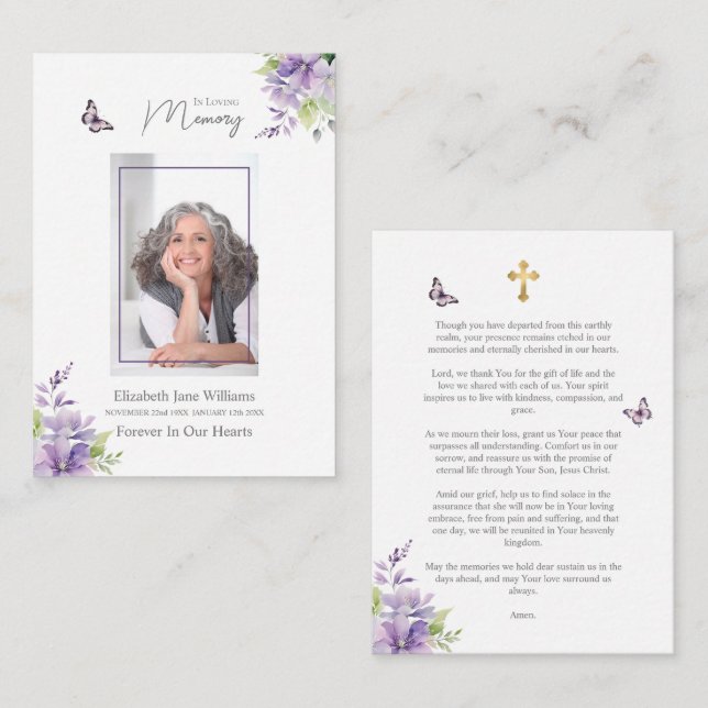 Purple Floral Butterfly Funeral Memorial Prayer   Card (Front/Back)