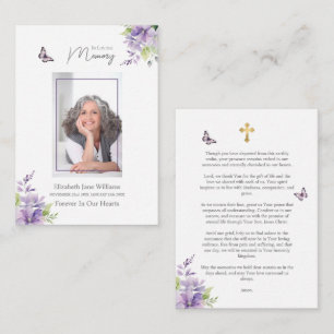 Purple Floral Butterfly Funeral Memorial Prayer   Card