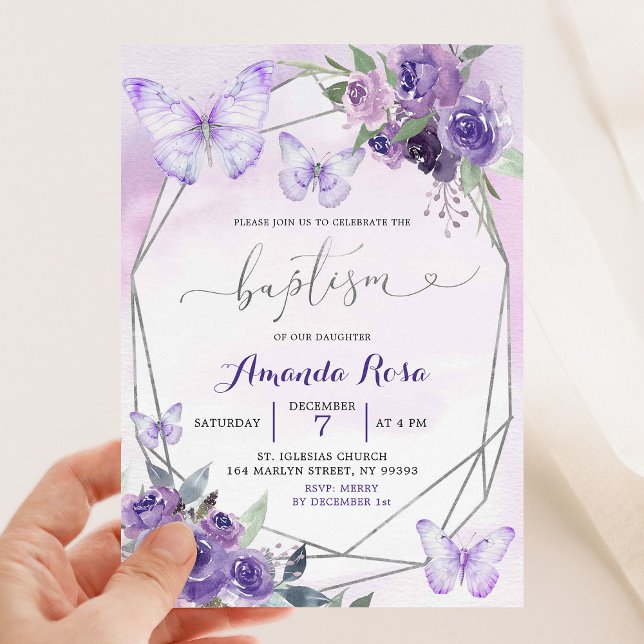Purple Floral Butterfly Geometric Baptism Invitation (Creator Uploaded)