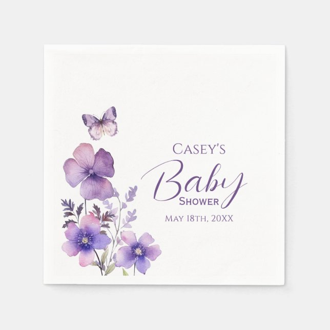 Purple Floral Butterfly Girl Baby Shower Napkin (Front)