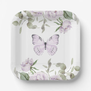 Purple Floral Butterfly Girl Baby Shower Paper Plate