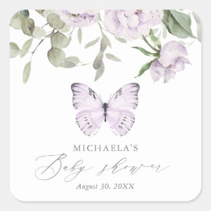 Purple Floral Butterfly Girl Baby Shower Square Sticker