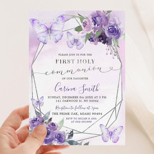 Purple Floral Butterfly Girl First Holy Communion Invitation (Creator Uploaded)