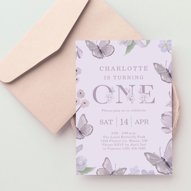 Purple Floral Butterfly Girl's 1st Birthday Party Invitation (Creator Uploaded)