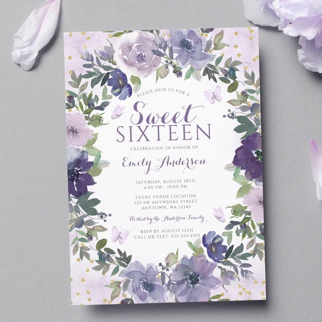 Purple Floral Butterfly Gold Sweet 16 Invitation (Creator Uploaded)