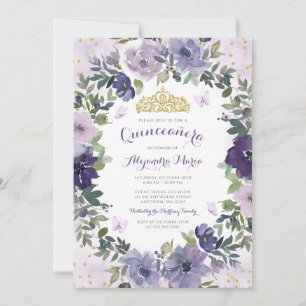 Purple Floral Butterfly Gold Tiara Quinceanera Invitation