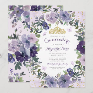 Purple Floral Butterfly Gold Tiara Quinceanera Invitation