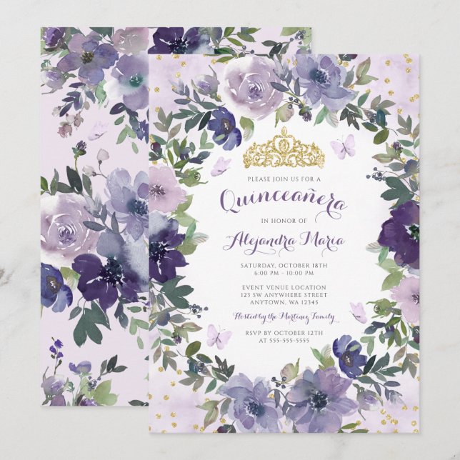 Purple Floral Butterfly Gold Tiara Quinceanera Invitation (Front/Back)