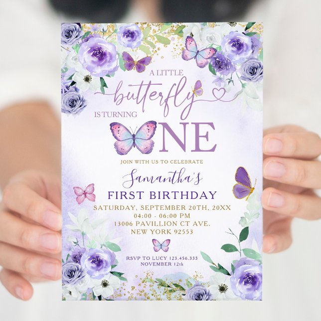 Purple Floral Butterfly is Turning One Birthday Invitation (Creator Uploaded)