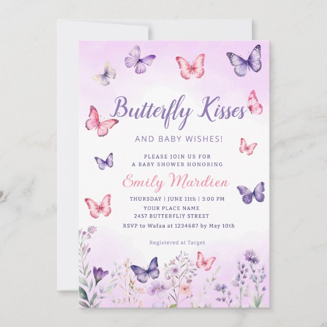 Purple Floral Butterfly Kisses Girl Baby Shower  Invitation (Front)