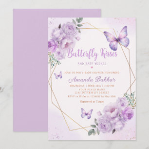 Purple Floral Butterfly Kisses Girl Baby Shower Invitation