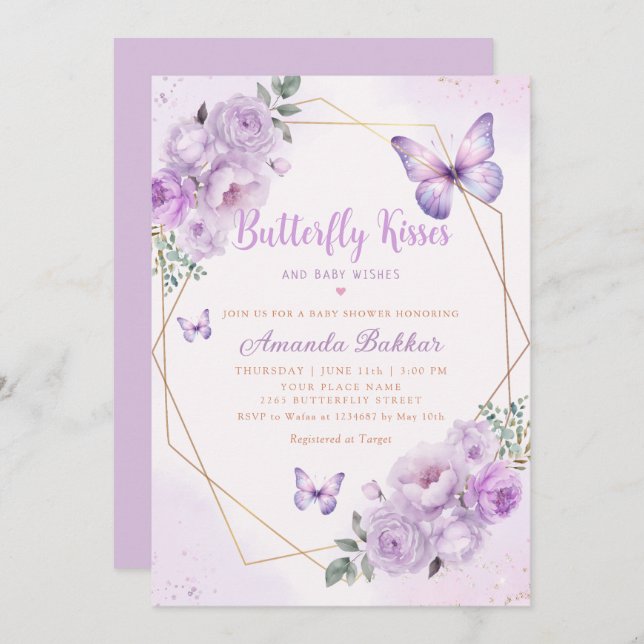 Purple Floral Butterfly Kisses Girl Baby Shower Invitation (Front/Back)
