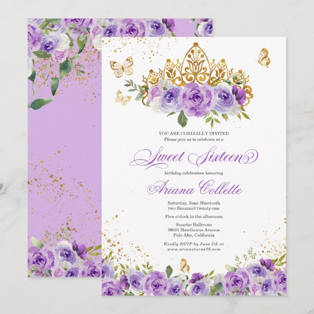 Purple Floral & Butterfly Sweet 16 Birthday Invitation (Front/Back)
