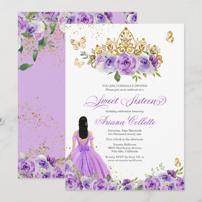 Purple Floral Butterfly Sweet 16 Teen Birthday Invitation (Front/Back)