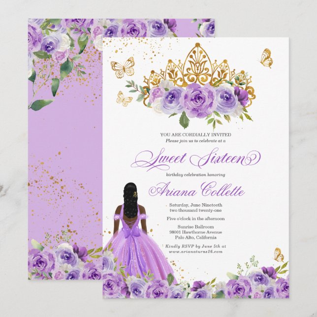 Purple Floral Butterfly Sweet Sixteen Birthday Invitation (Front/Back)