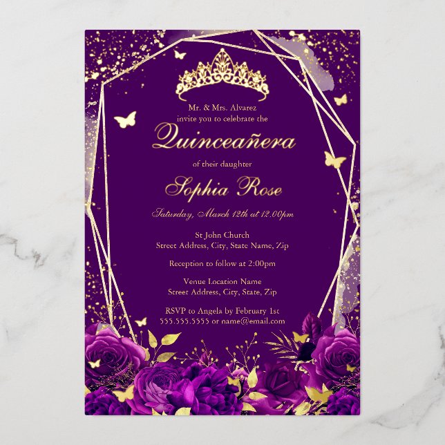 Purple Floral Butterfly Tiara Quinceanera (Front)