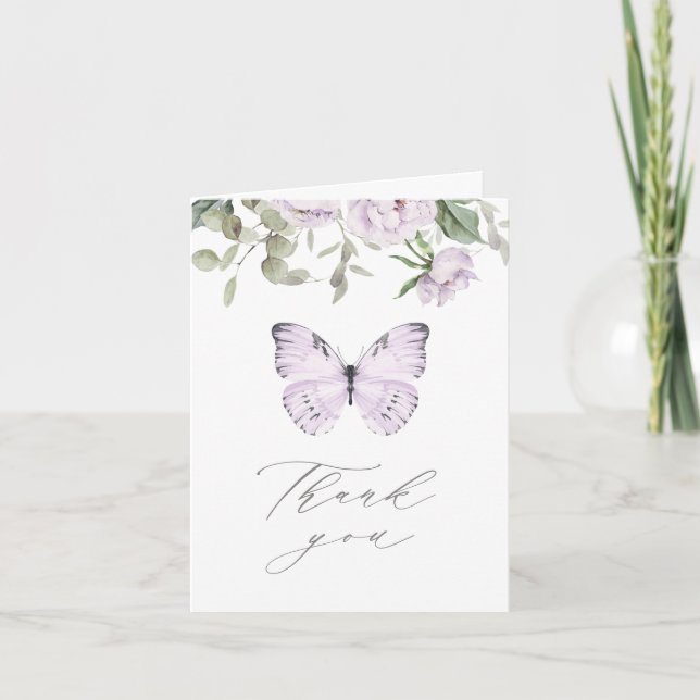 Purple Floral Butterly Girl Baby Shower Thank You Card (Front)
