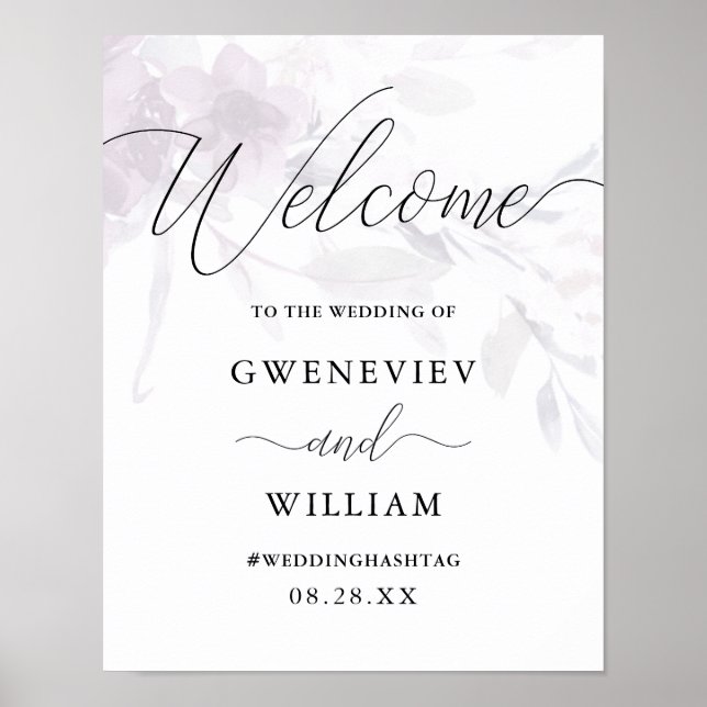 Purple Floral Calligraphy Wedding Welcome Sign (Front)