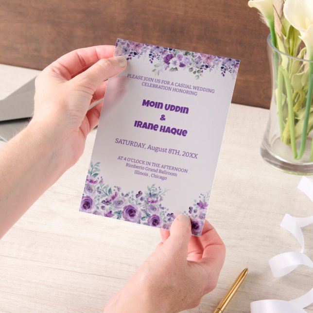 Purple Floral Casual Wedding 007 by Nasrin Vellum Invitations (Handheld)