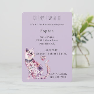 Purple Floral Cat Birthday   Invitation