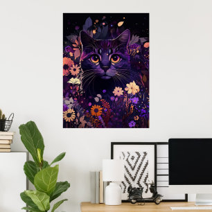 Purple Floral Cat Birthday Poster
