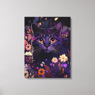 Purple Floral Cat Canvas Print for Cat Lovers