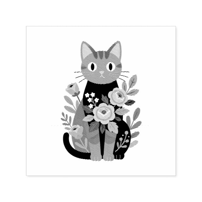 Purple Floral Cat Illustration  Self-inking Stamp (Design)