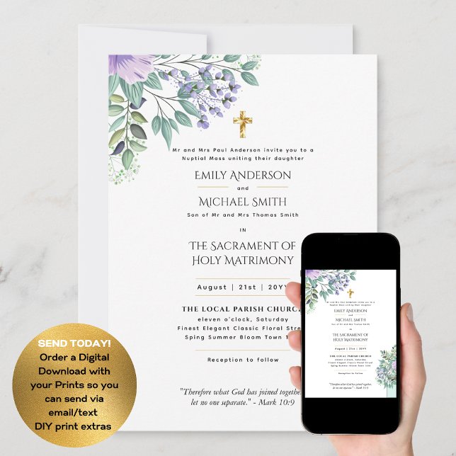 Purple Floral Catholic Wedding Nuptial Mass Invitation (Creator Uploaded)