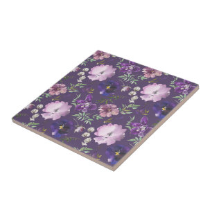 Purple Floral Ceramic Tile Bathroom Decor