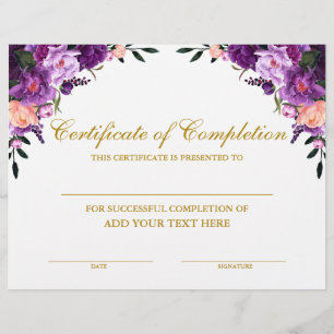 Purple Floral Certificate of Completion Gold
