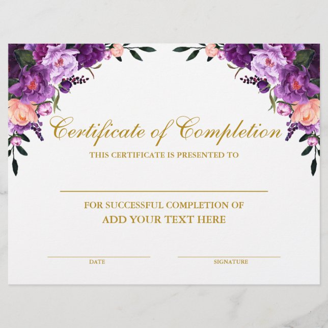 Purple Floral Certificate of Completion Gold (Front)