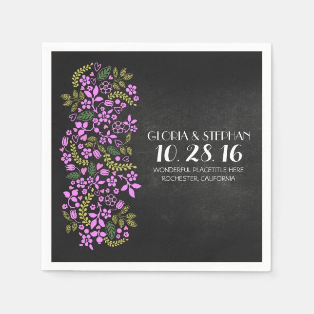 purple floral chalkboard wedding paper napkins (Front)