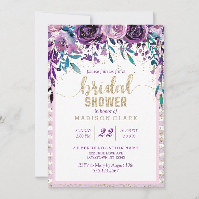 Purple Floral Champagne Bridal Shower Invitation (Front)