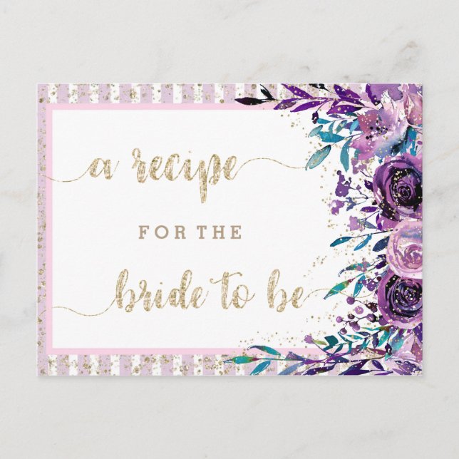 Purple Floral Champagne Bridal Shower Recipe Card (Front)