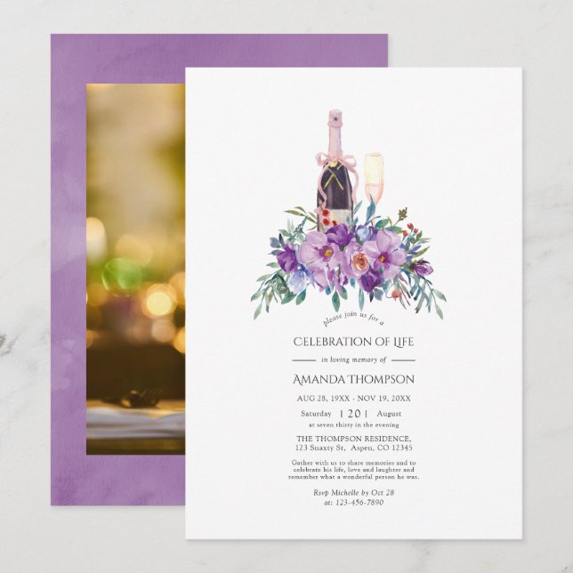 Purple Floral Champagne Celebration of Life Photo Invitation (Front/Back)