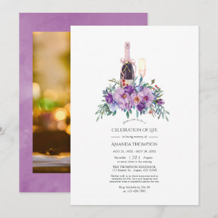 Purple Floral Champagne Celebration of Life Photo Invitation