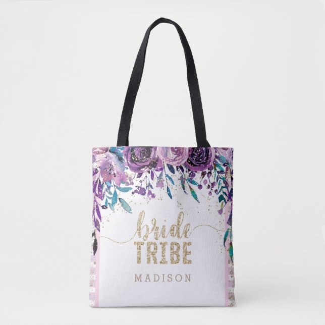 Purple Floral Champagne Gold & Stripes Bride Tribe Tote Bag (Front)