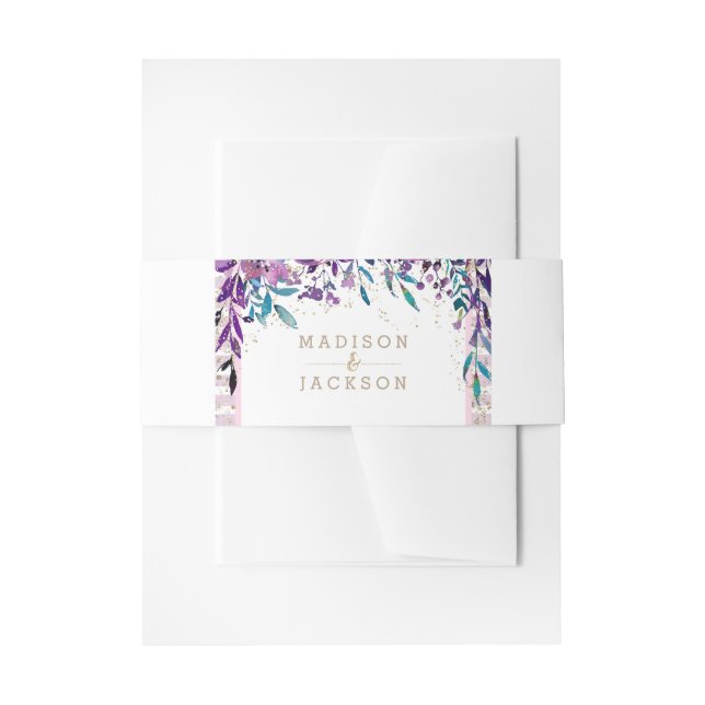 Purple Floral Champagne Gold Wedding Invitation Invitation Belly Band (Front Example)