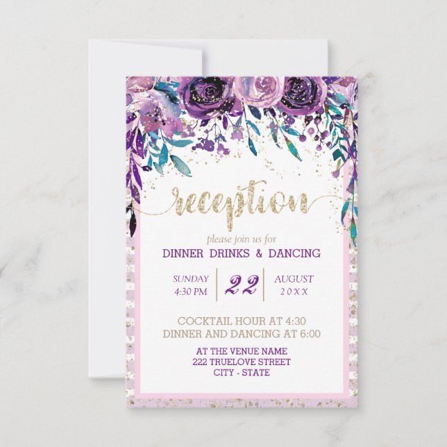 Purple Floral Champagne Gold Wedding Reception Invitation (Front)