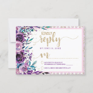 Purple Floral Champagne Gold Wedding Reply RSVP
