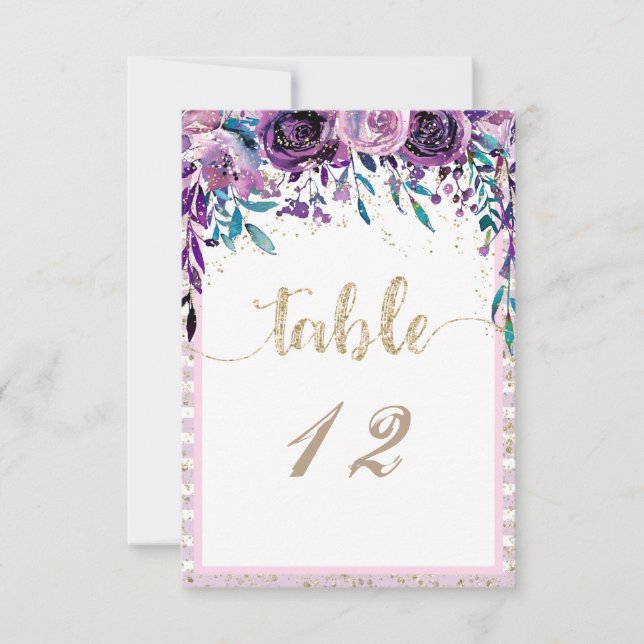Purple Floral Champagne Gold Wedding Table Numbers (Front)