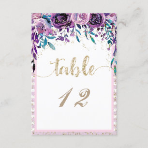Purple Floral Champagne Gold Wedding Table Numbers