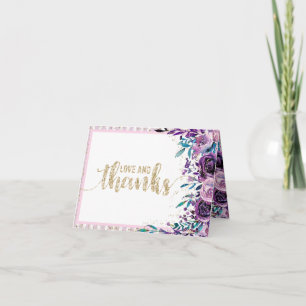 Purple Floral Champagne Gold Wedding Thank You Card