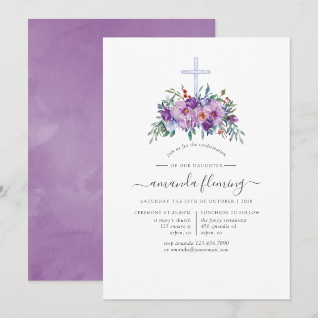 Purple Floral Confirmation Invitation (Front/Back)
