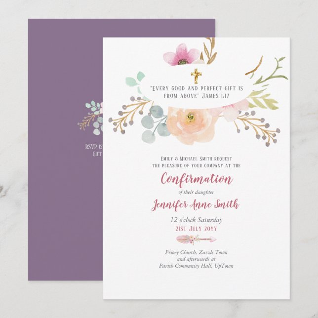 Purple Floral Confirmation Invitation Catholic (Front/Back)
