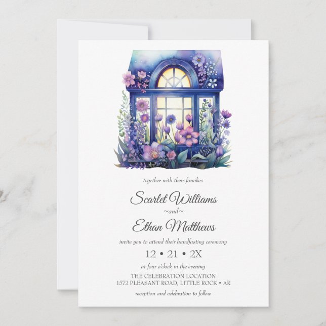 Purple Floral Cottage Window Garden Handfasting Invitation (Front)