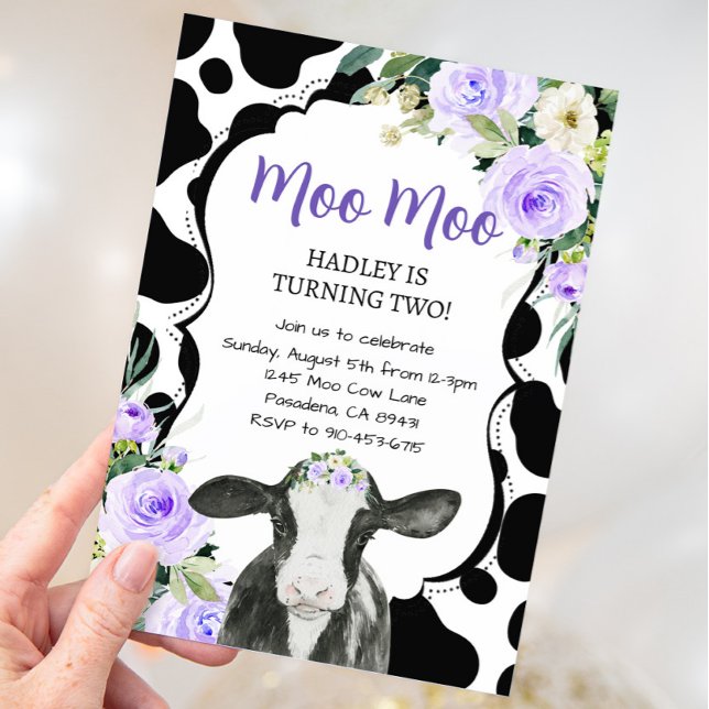 Purple Floral Cow Farm Birthday  Invitation (Creator Uploaded)